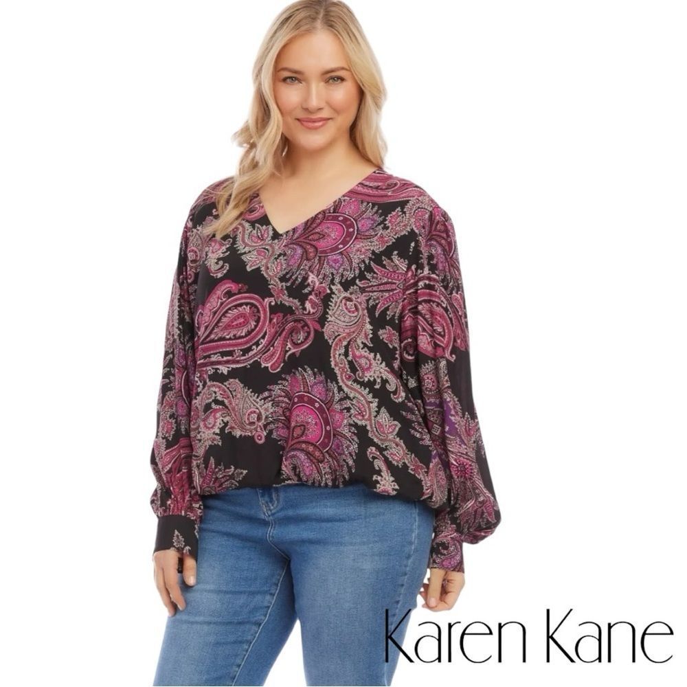 ☀️☀️☀️ Karen Kane Plus Size V-Neck Blouse Pink and Black Paisley